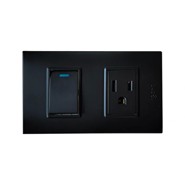 B316-M - Interruptor + Tomacorriente con Tierra Negro Mate